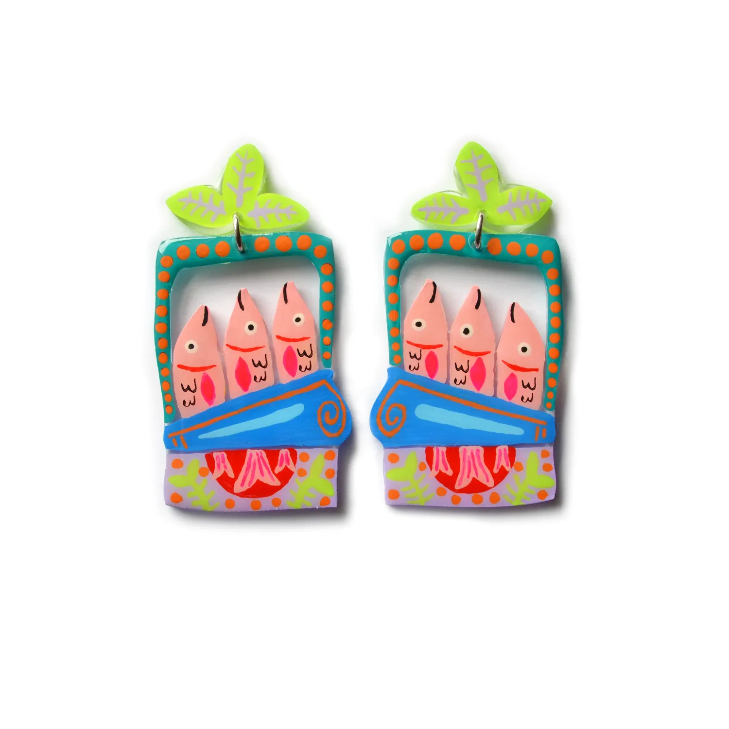 BooandBooFactory Pink Sardine Tin Fish øredobber blå grønn