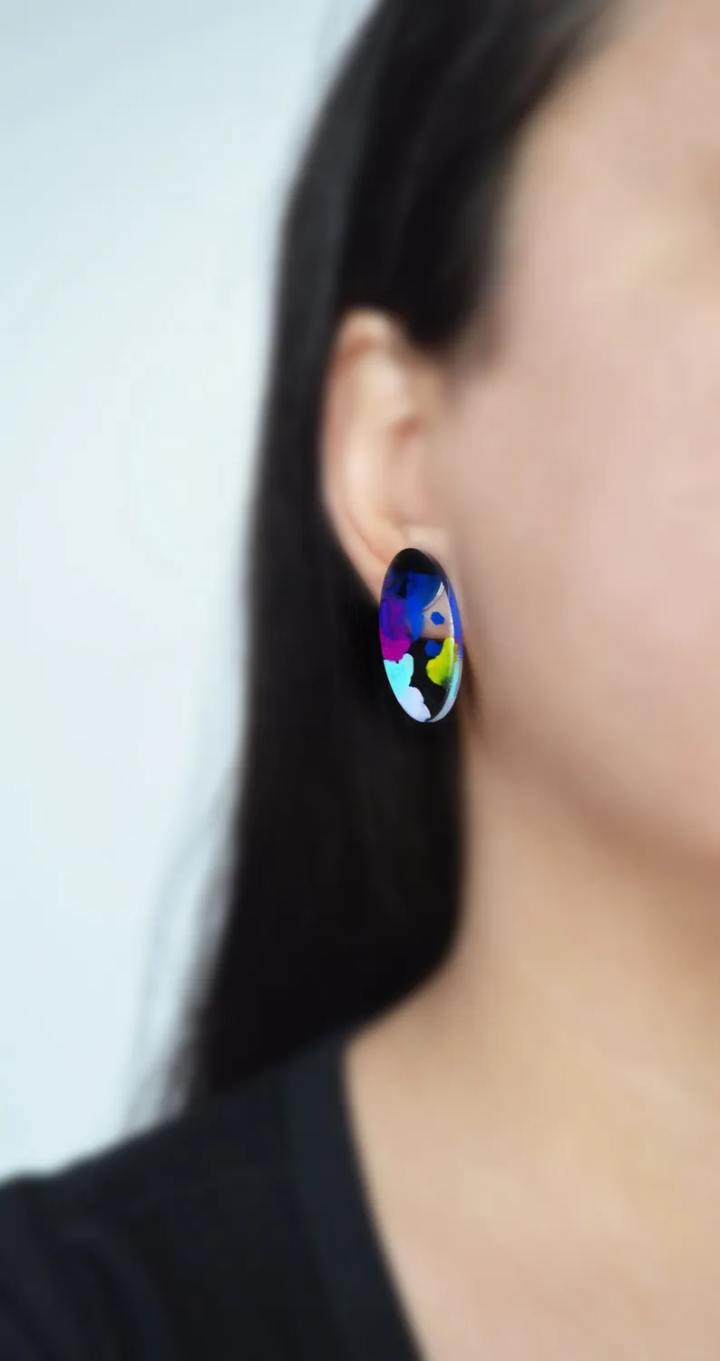 BooandBooFactory Blue and Purple Abstract Art Oval stud-øredobber