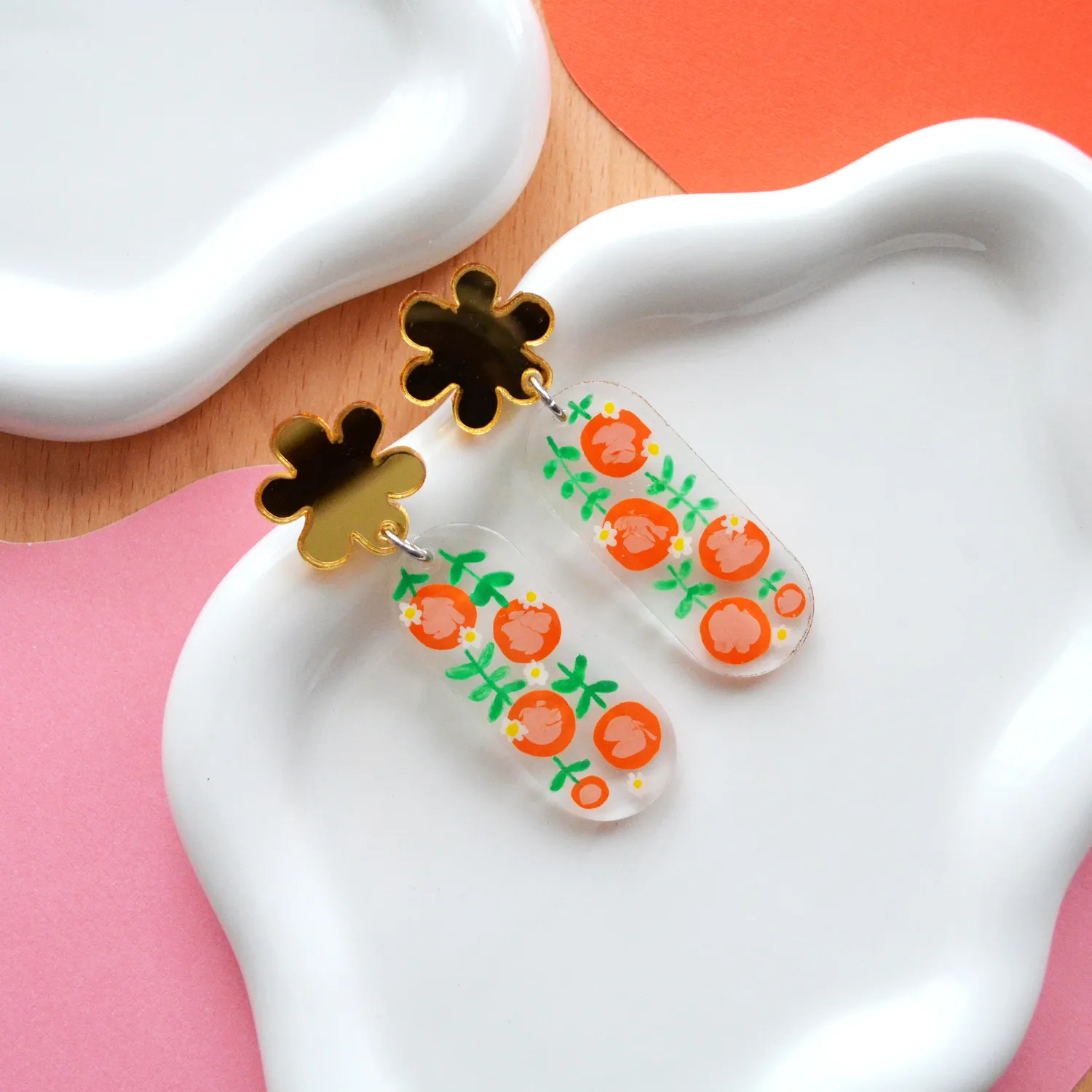 BooandBooFactory Orange Blossom Flower Oval øredobber oransje