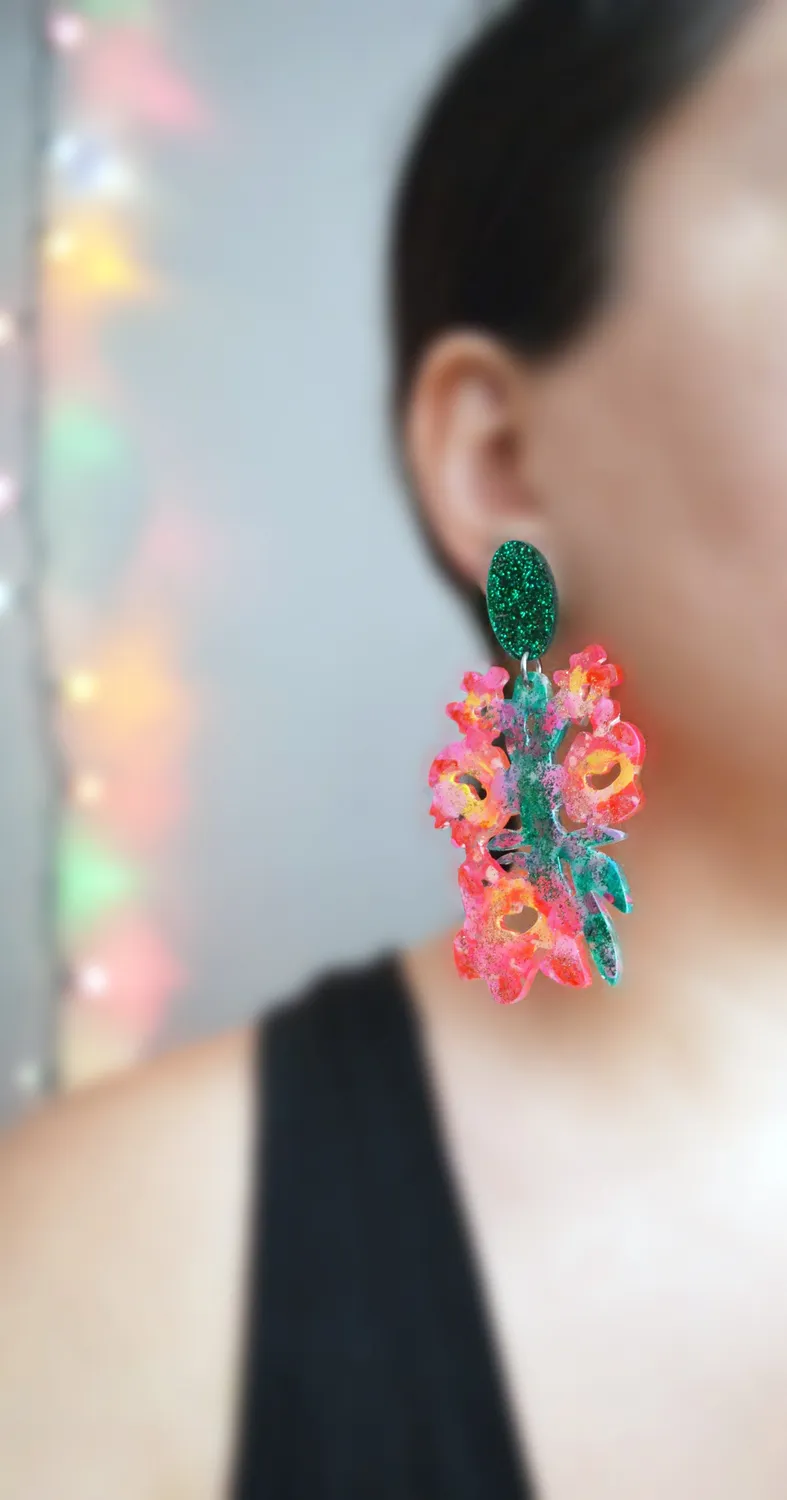 BooandBooFactory Pink Green Flower statement øredobber