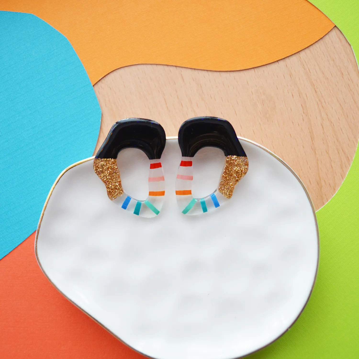 BooandBooFactory Rainbow Gold Glitter Squiggle øredobber regnbue