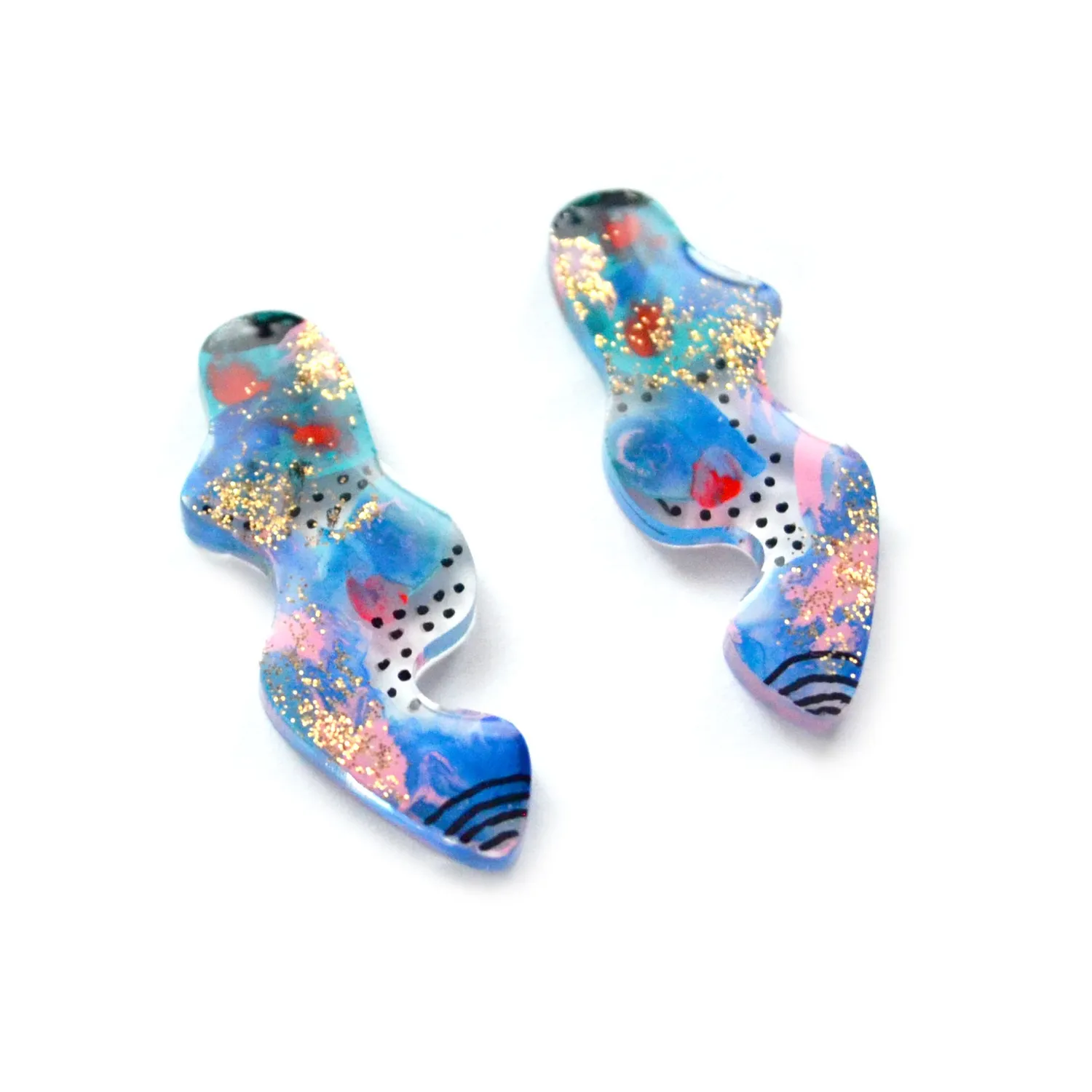 BooandBooFactory Blue Red Abstract Wavy Squiggle Resin Stud øredobber