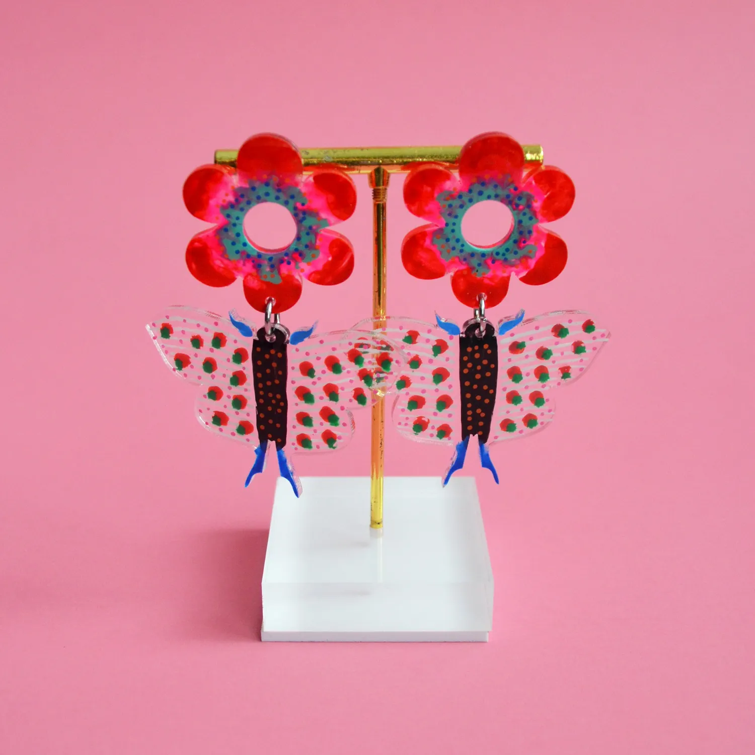 BooandBooFactory Red Butterfly and Flower stud-øredobber