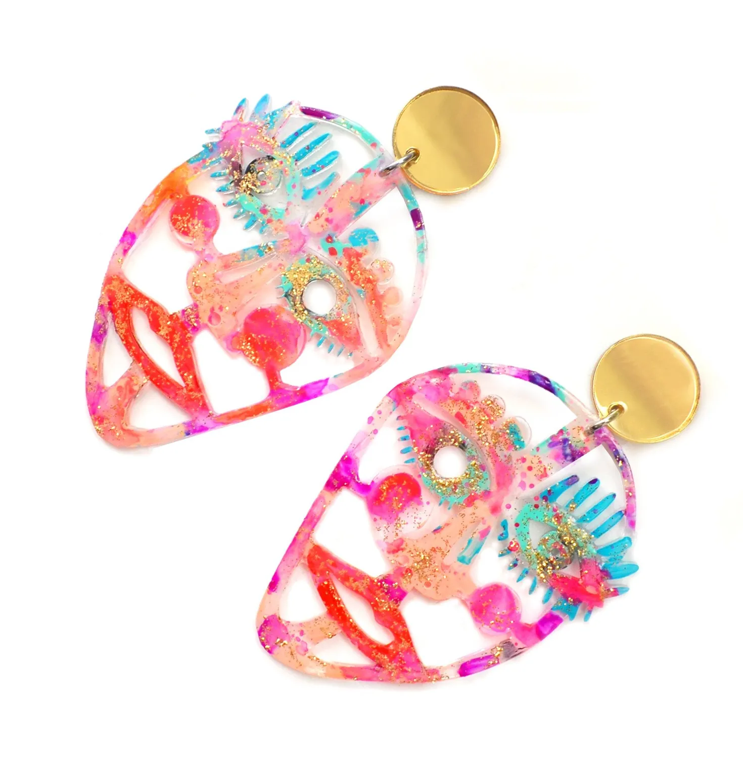 BooandBooFactory Gold Hot Pink Face øredobber 1 par abstrakt