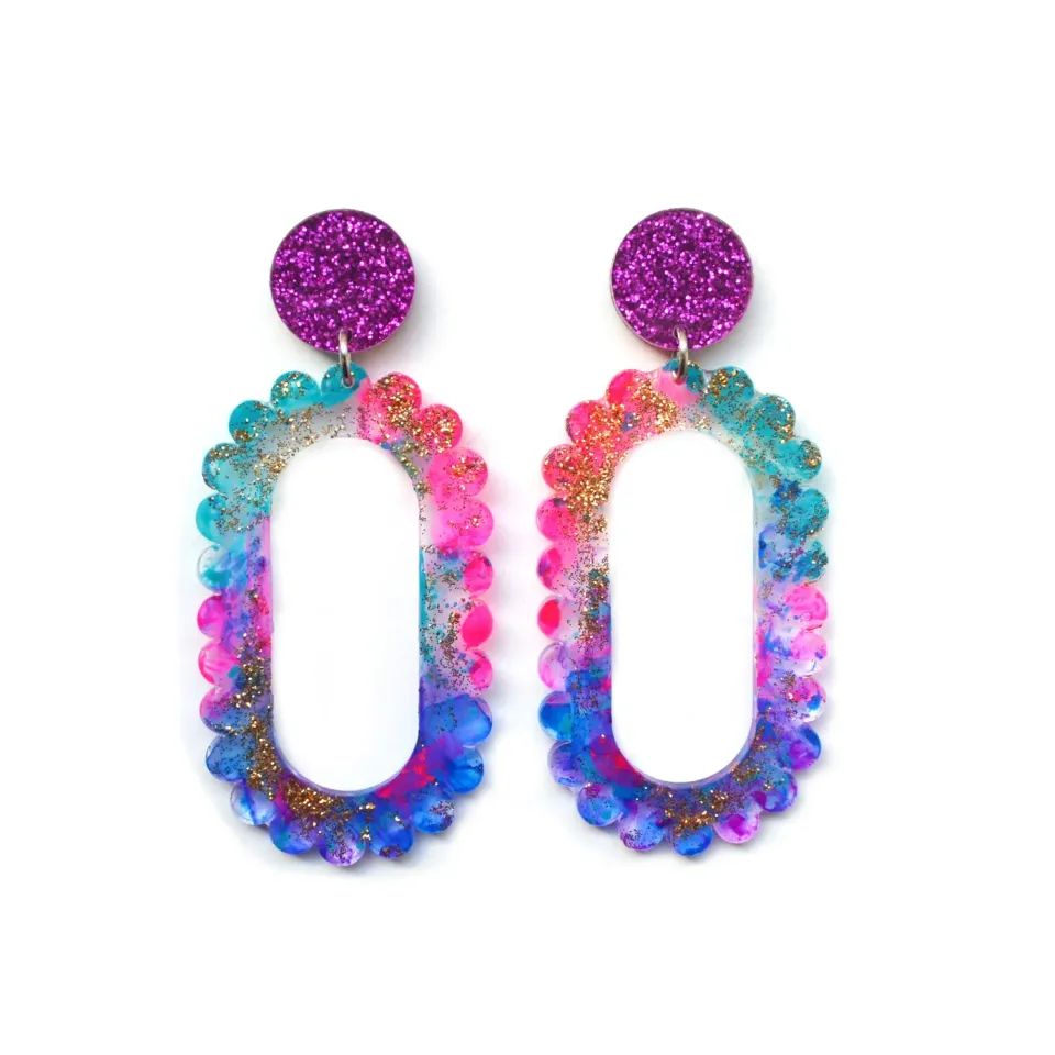 BooandBooFactory Pink Glitter Drop Scalloped Hoop øredobber