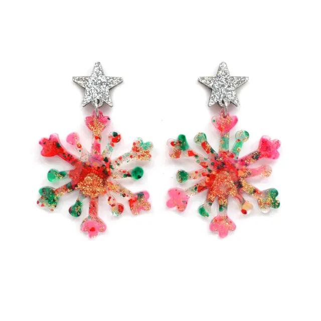 BooandBooFactory Pink Red Snowflake vinterøredobber