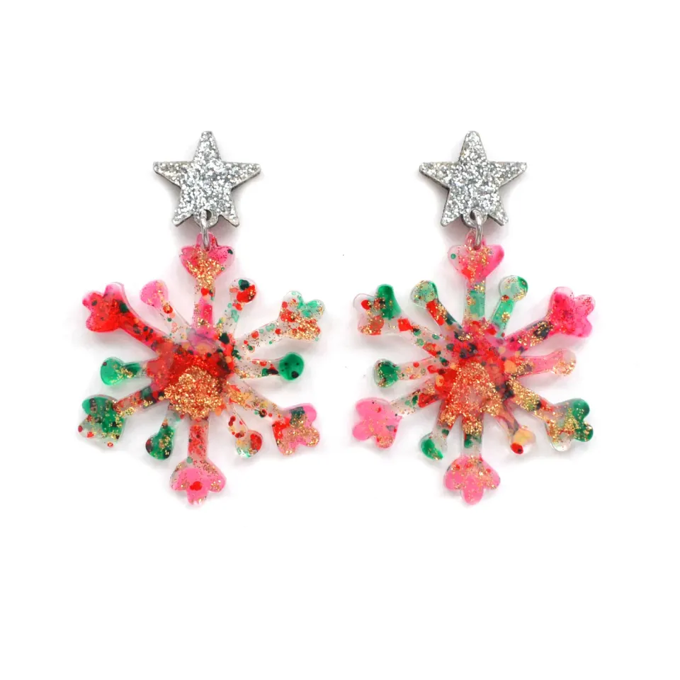 BooandBooFactory Pink Red Snowflake vinterøredobber