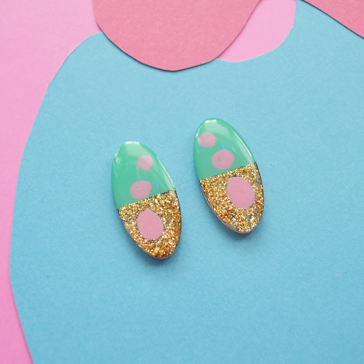 BooandBooFactory Mint and Pink with Gold Glitter Oval øredobber mint