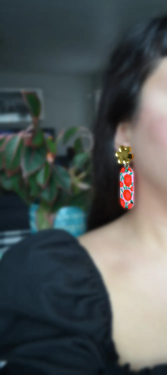 BooandBooFactory Pink Red Flower ovale øredobber rosa gull