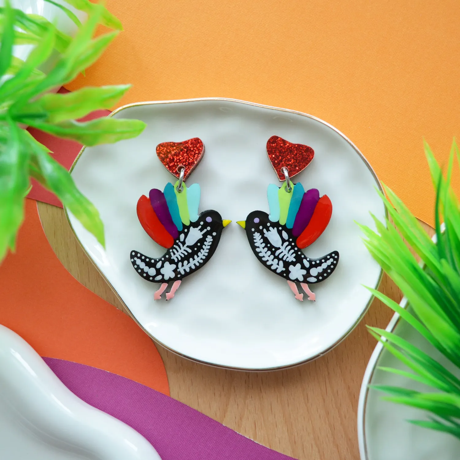 BooandBooFactory Floral Folk Flying Bird øredobber flerfarget