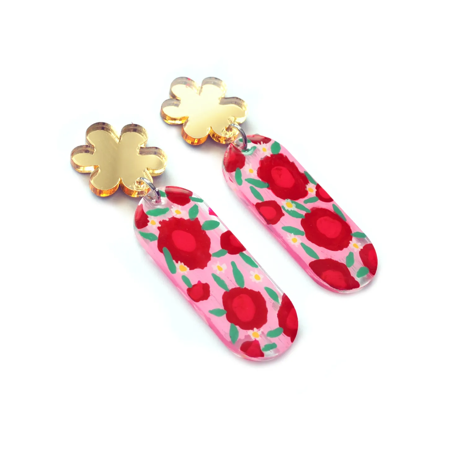 BooandBooFactory Pink Red Flower ovale øredobber rosa gull