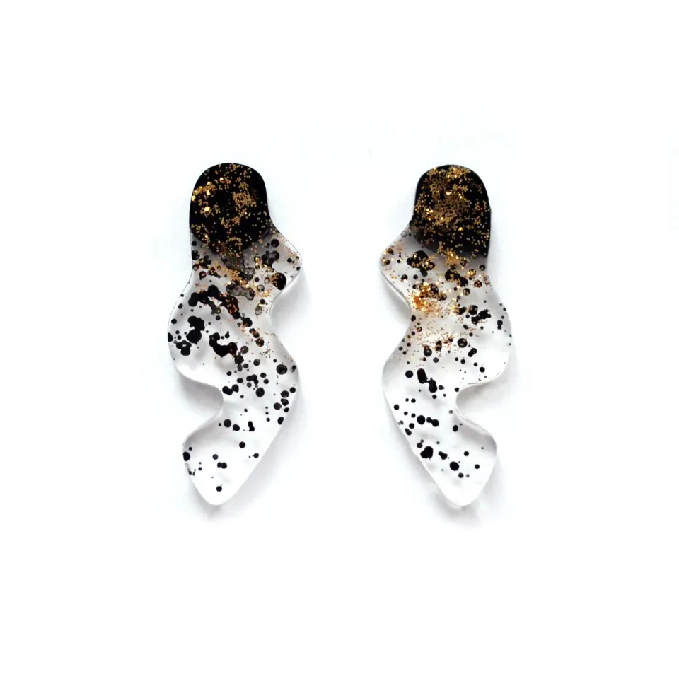 BooandBooFactory Black and Gold Glitter Ombre Squiggle stud-øredobber