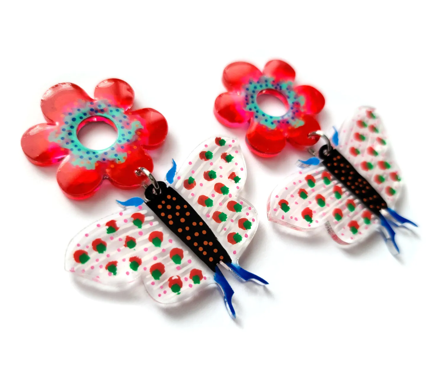 BooandBooFactory Red Butterfly and Flower stud-øredobber