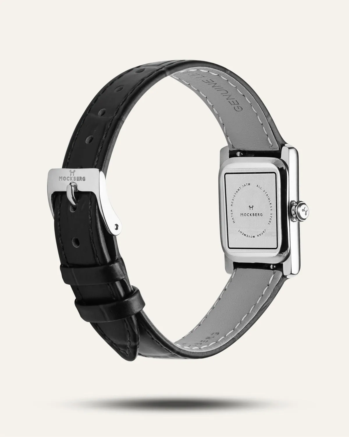 Mockberg Timeless Black Leather klokke svart lær rektangulær
