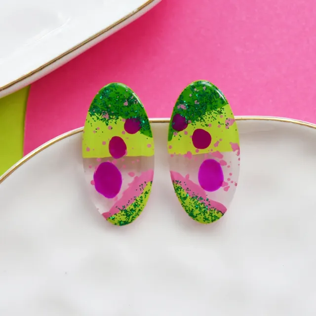 BooandBooFactory Glitter Oval studs rosa grønn