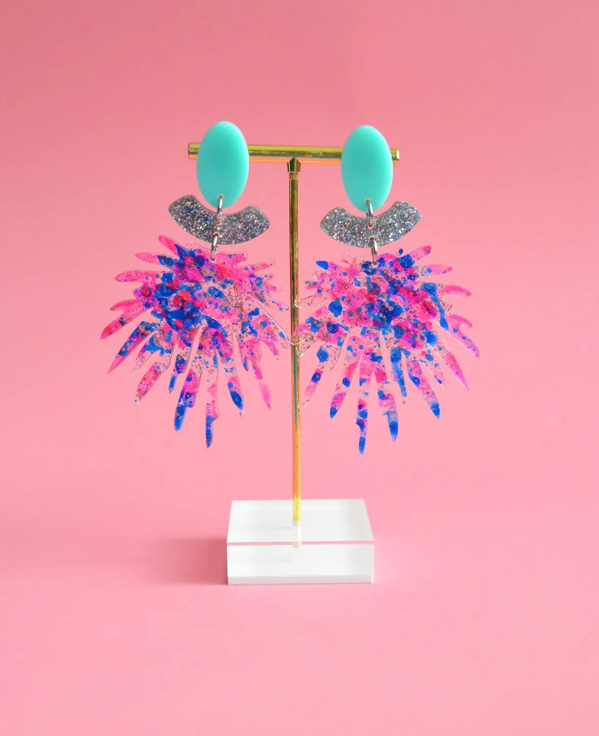BooandBooFactory Pink Pom Pom Dangle øredobber glitter