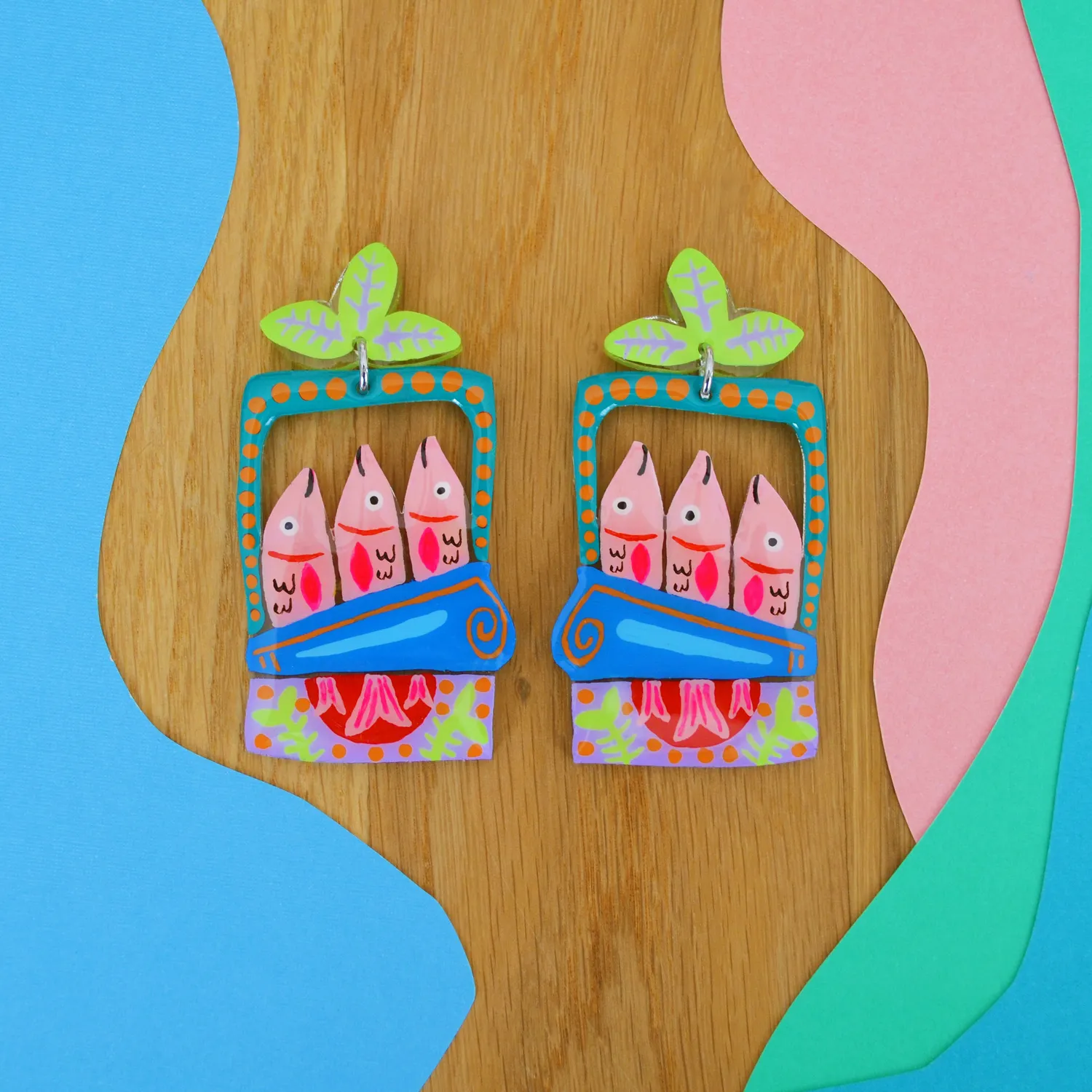 BooandBooFactory Pink Sardine Tin Fish øredobber blå grønn