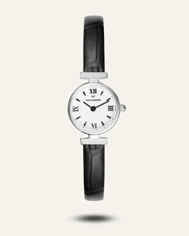 Mockberg Vintage klokke svart lær hvit skive 19 mm