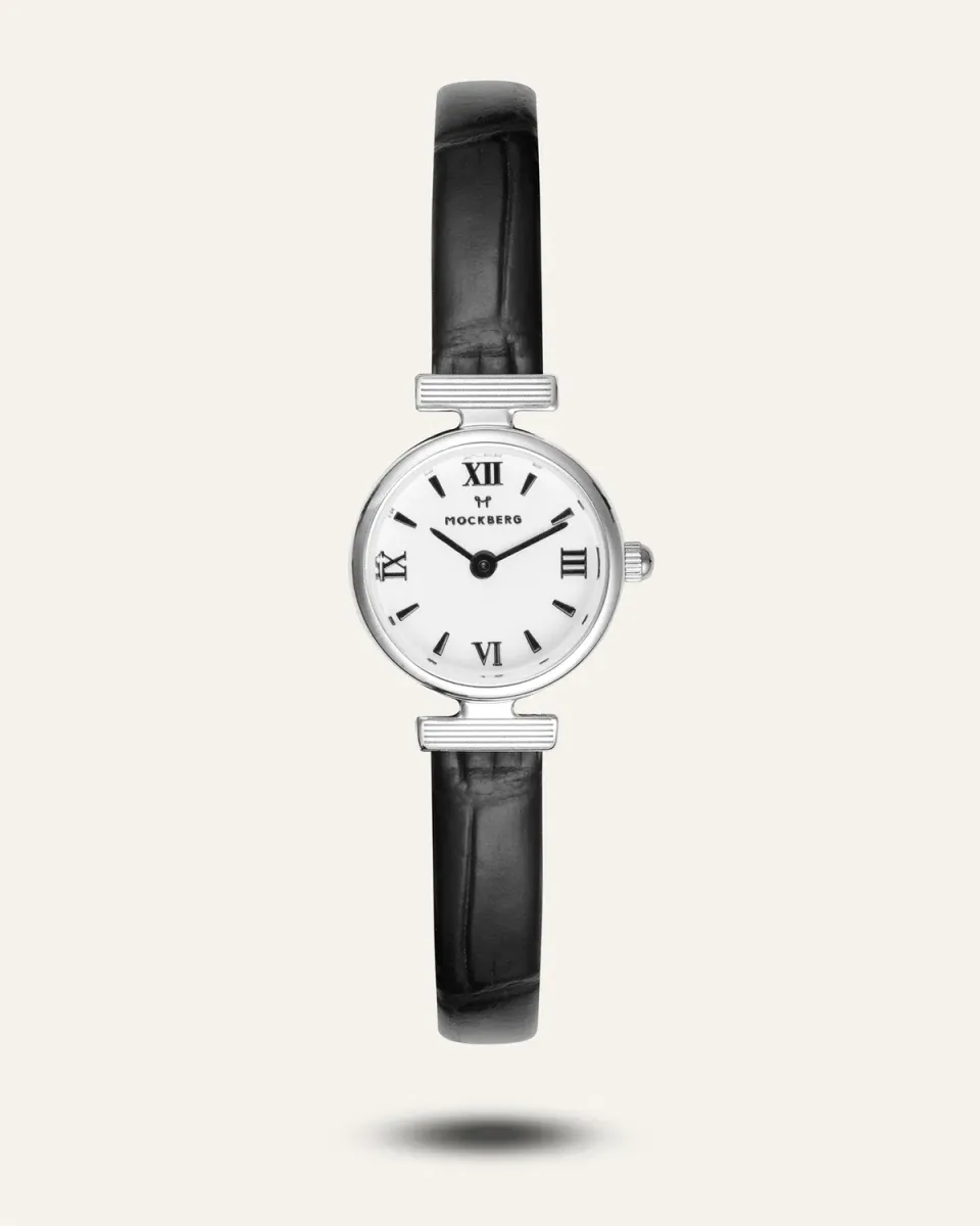 Mockberg Vintage klokke svart lær hvit skive 19 mm
