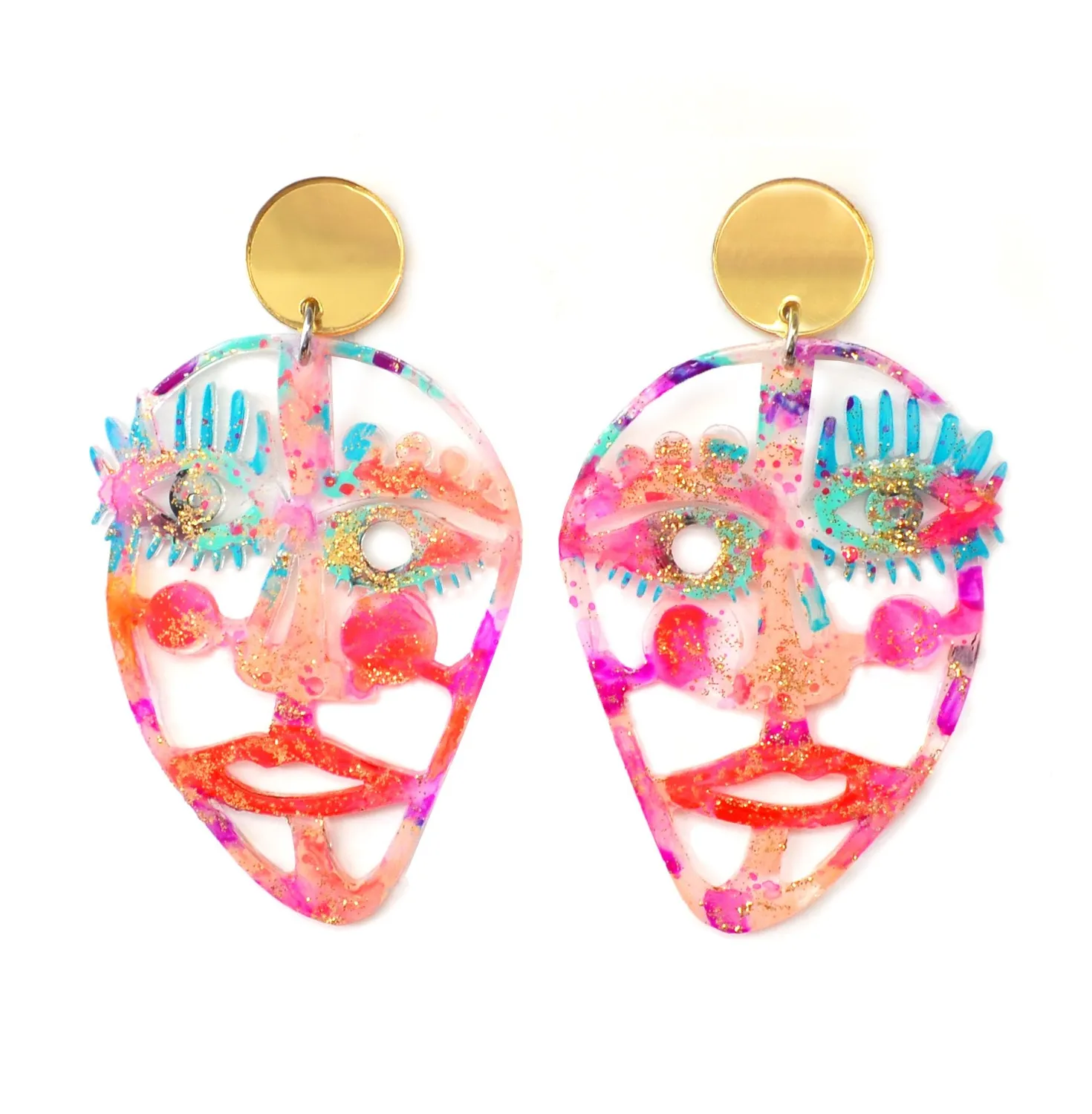 BooandBooFactory Gold Hot Pink Face øredobber 1 par abstrakt