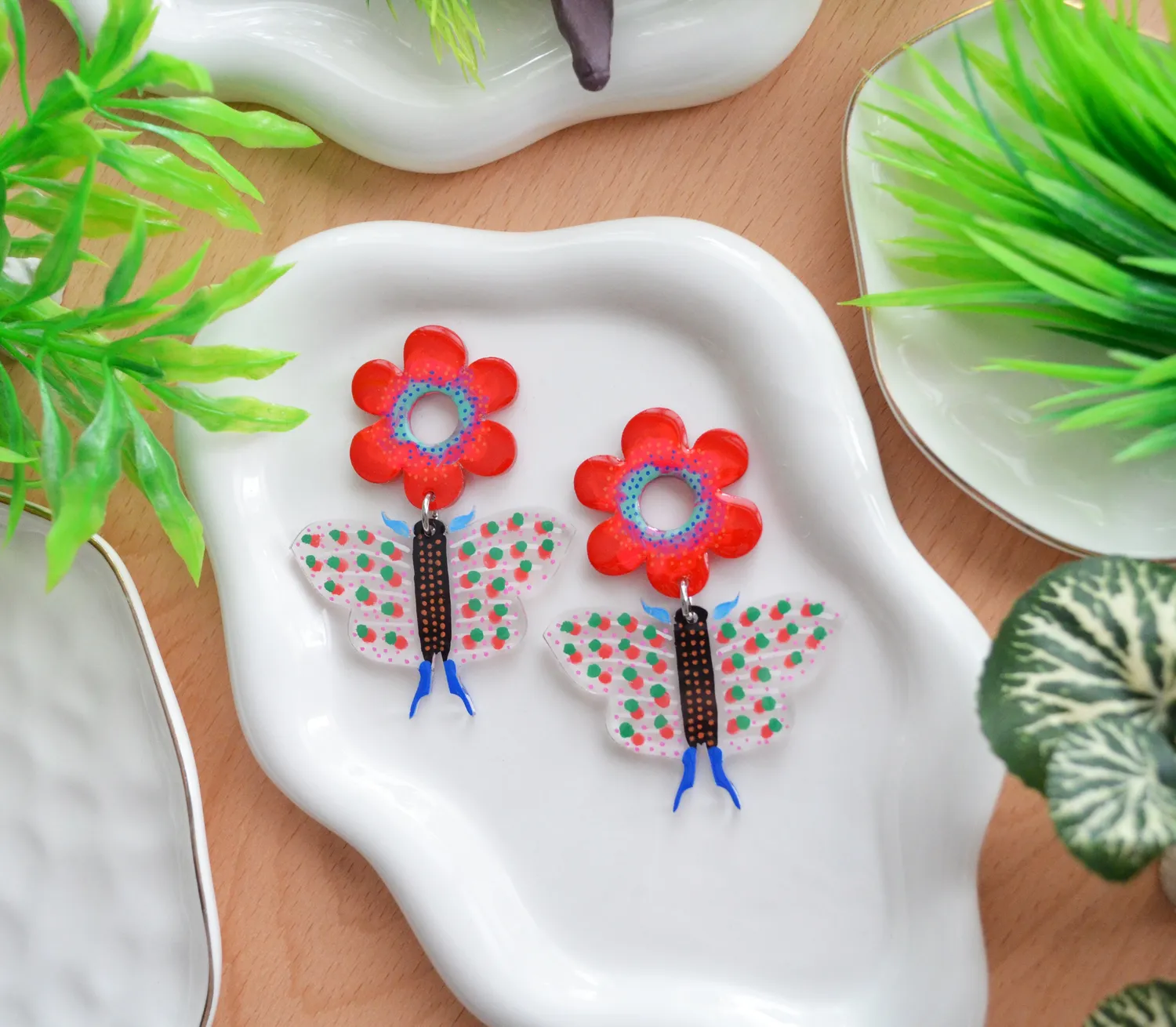 BooandBooFactory Red Butterfly and Flower stud-øredobber