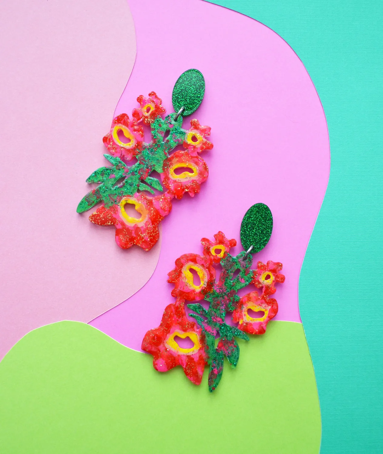 BooandBooFactory Pink Green Flower statement øredobber