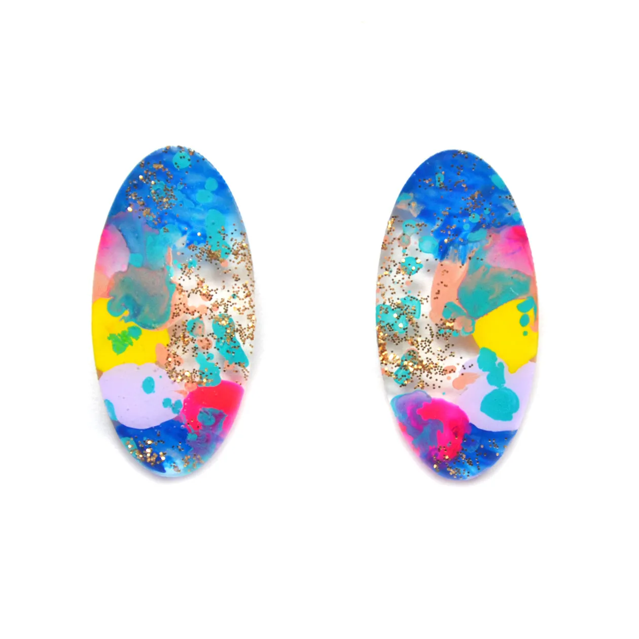 BooandBooFactory Blue Gold Glitter ovale stud øredobber akryl