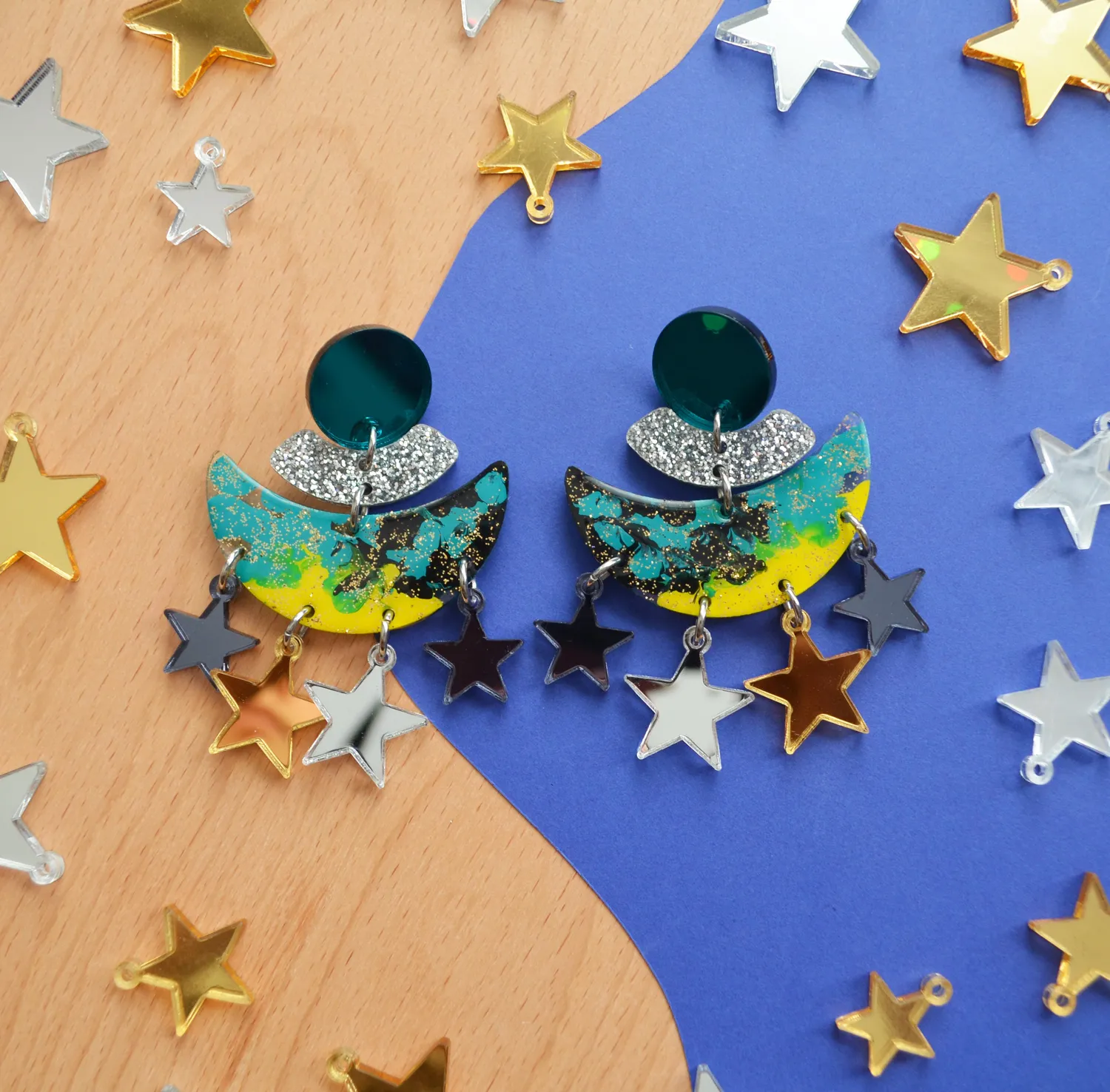 BooandBooFactory Turquoise Half Moon øredobber stjerner