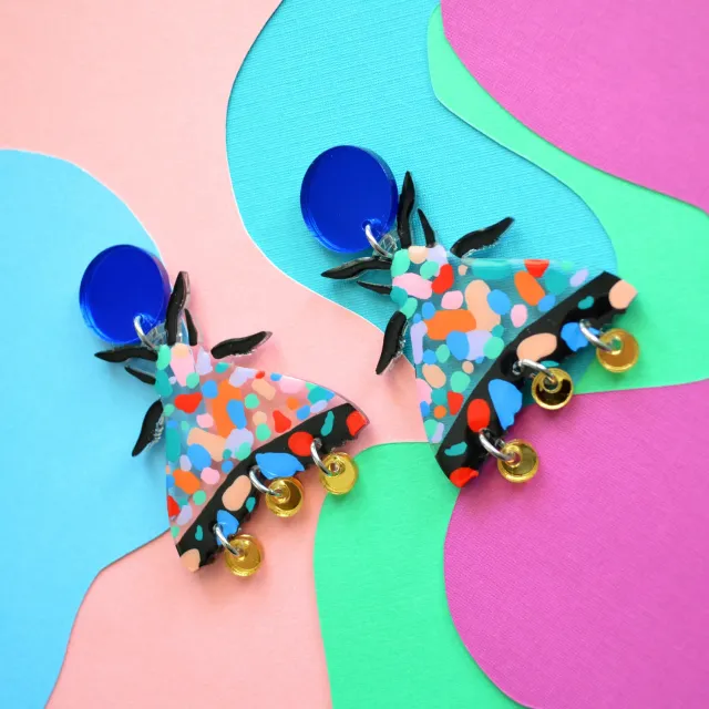 BooandBooFactory Terrazzo Painted Pattern Moth Butterfly Dangle øredobber