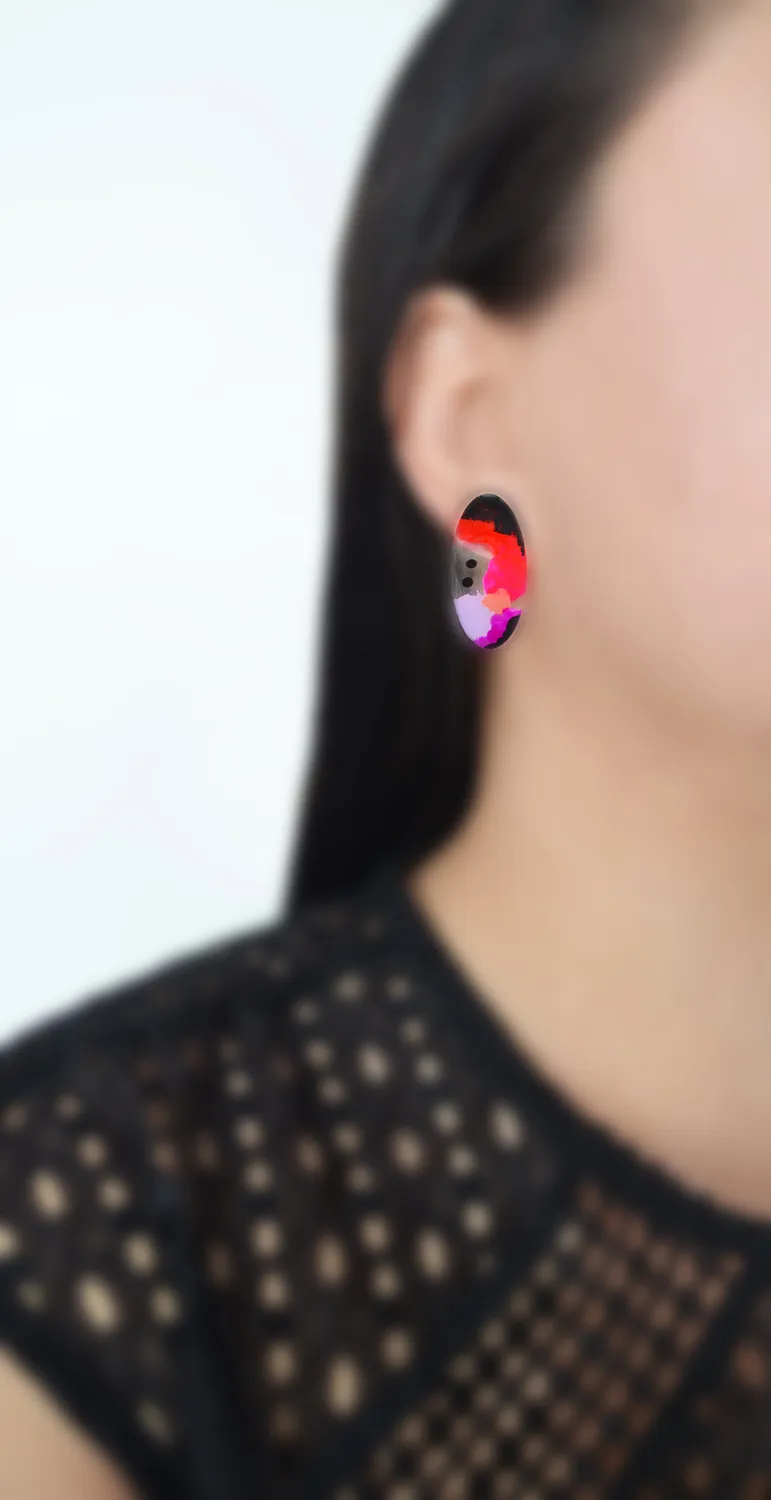 BooandBooFactory Pink Red Abstract Art Oval resinøredobber