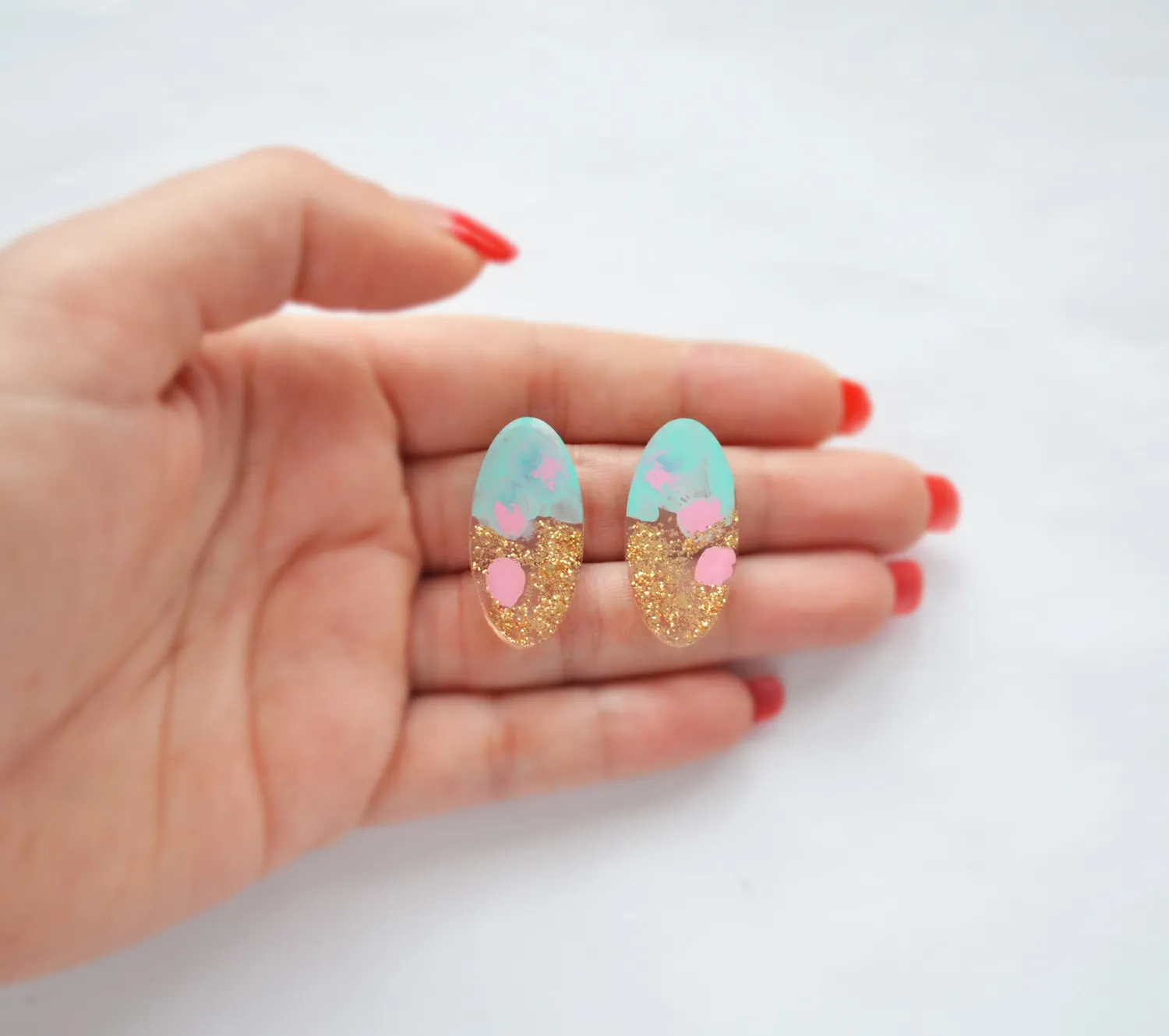 BooandBooFactory Mint and Pink with Gold Glitter Oval øredobber mint