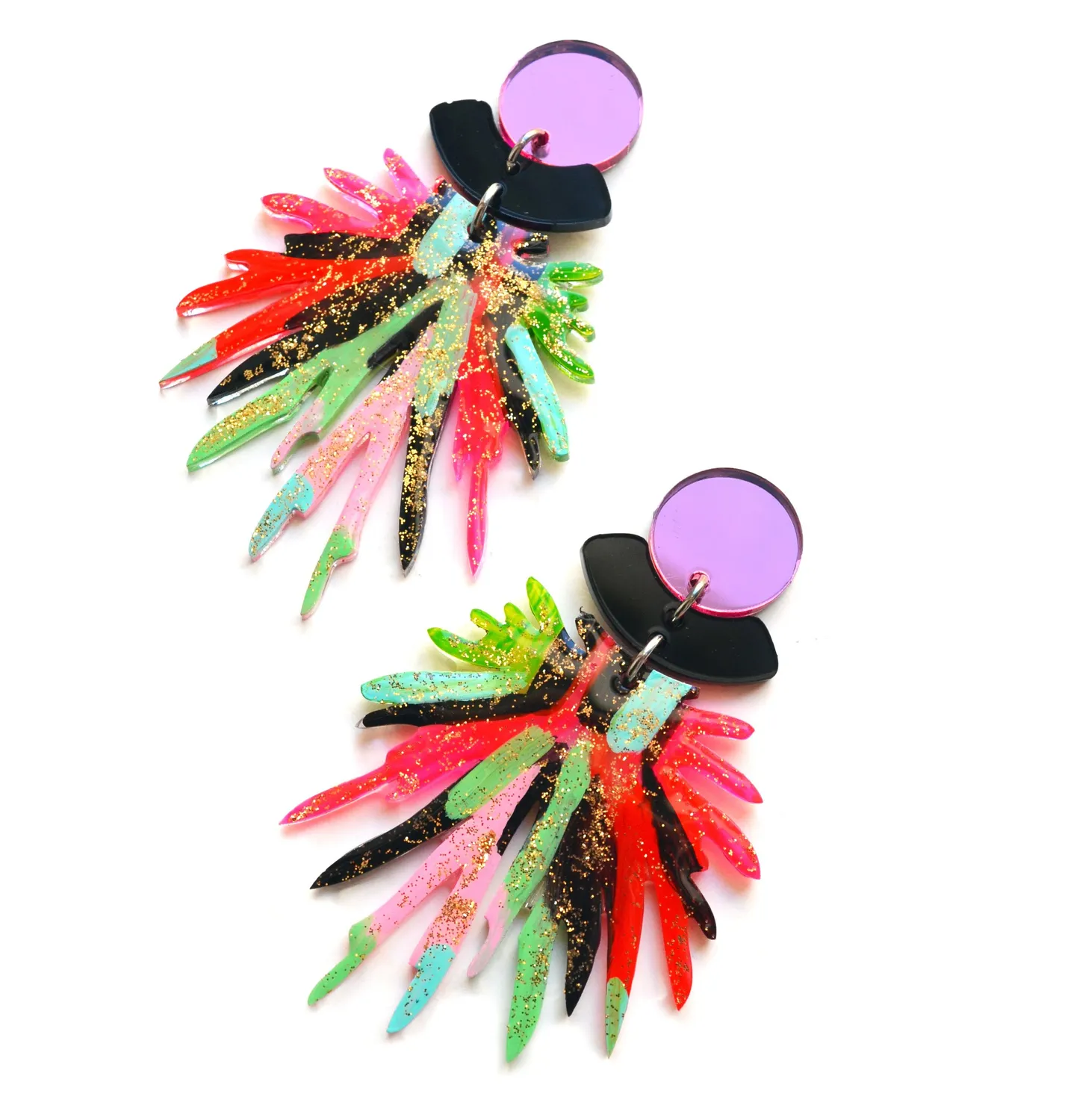 BooandBooFactory Pink and Red Pom Pom øredobber akryl dusk
