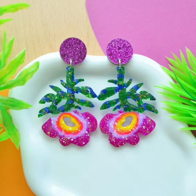 BooandBooFactory Purple Flower Resin Glitter akryl øredobber lilla