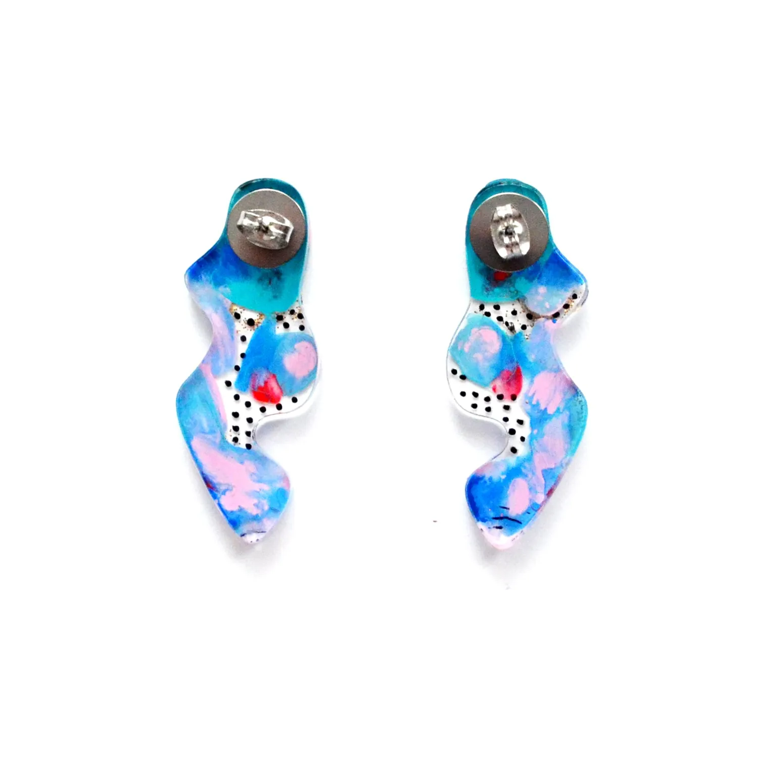 BooandBooFactory Blue Red Abstract Wavy Squiggle Resin Stud øredobber