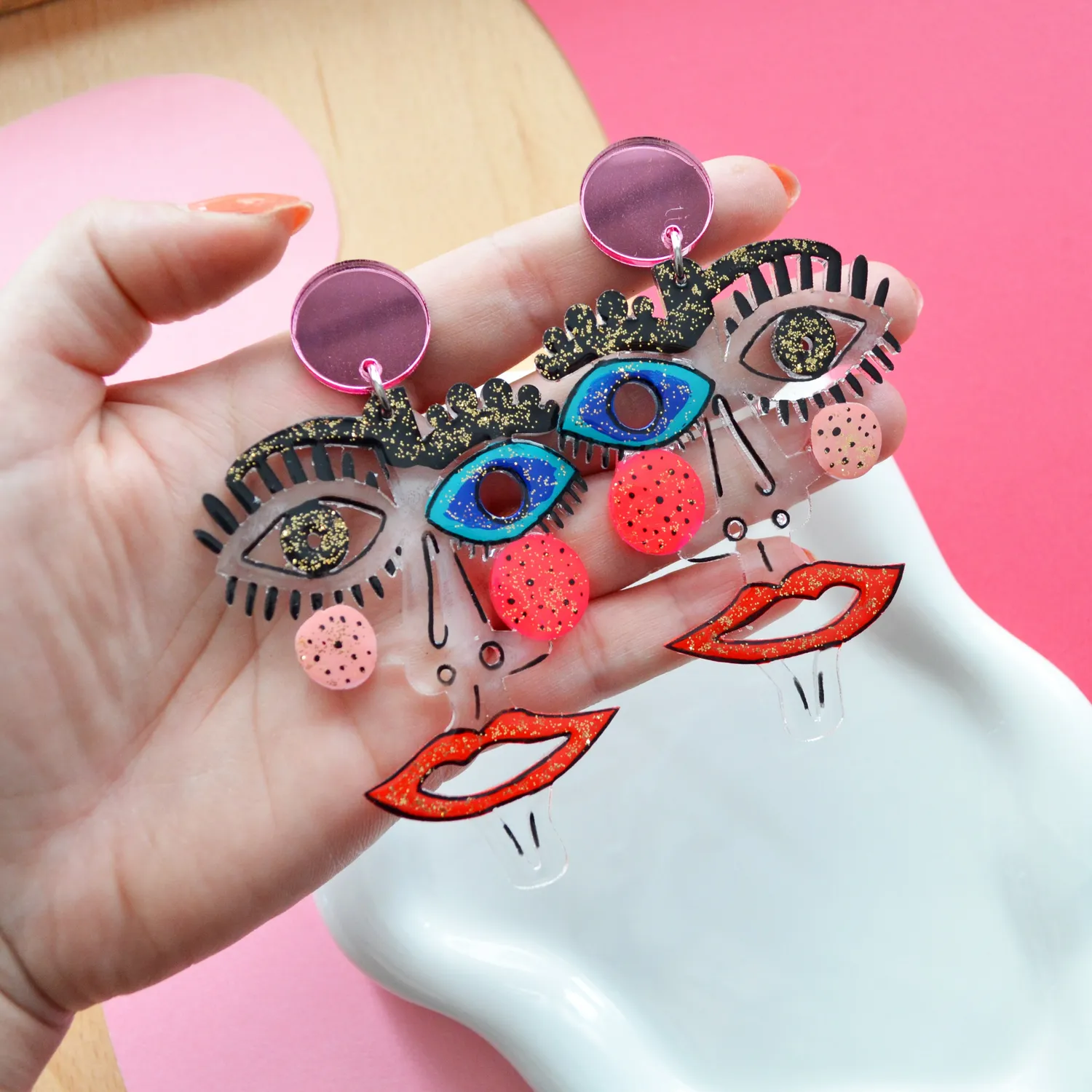 BooandBooFactory Clear Face resin øredobber rosa