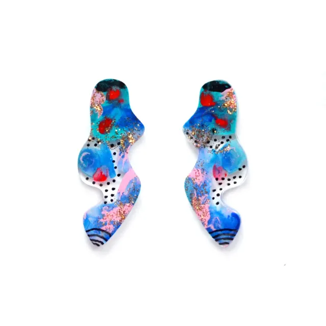BooandBooFactory Blue Red Abstract Wavy Squiggle Resin Stud øredobber