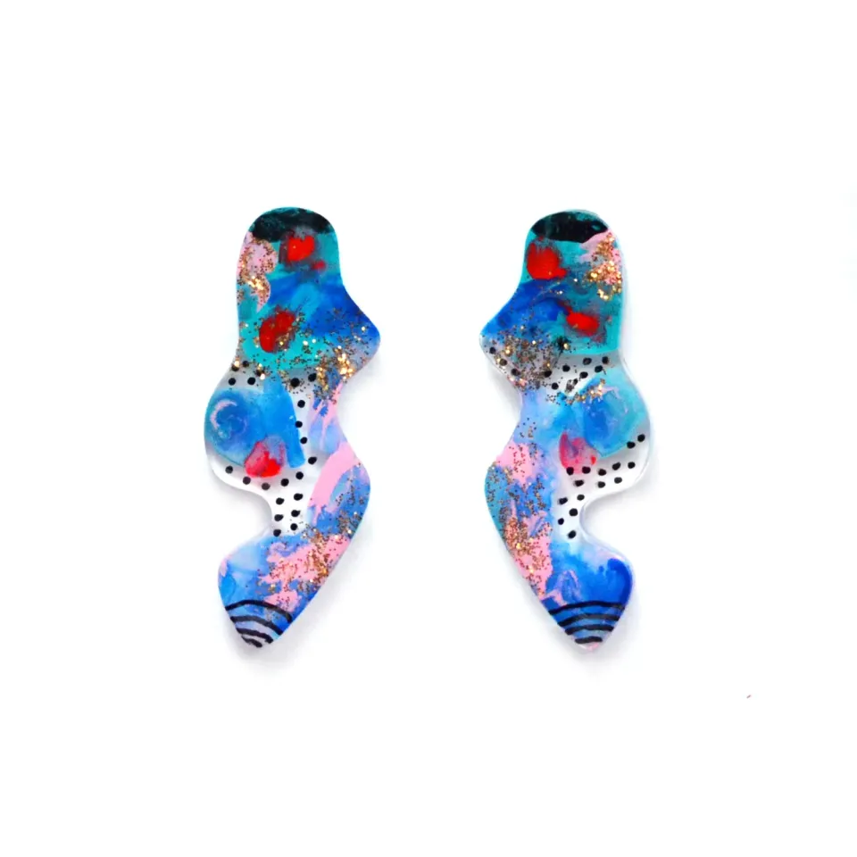 BooandBooFactory Blue Red Abstract Wavy Squiggle Resin Stud øredobber