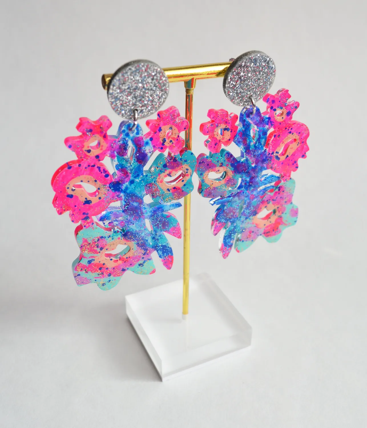 BooandBooFactory Pink Blue Flower øredobber glitter