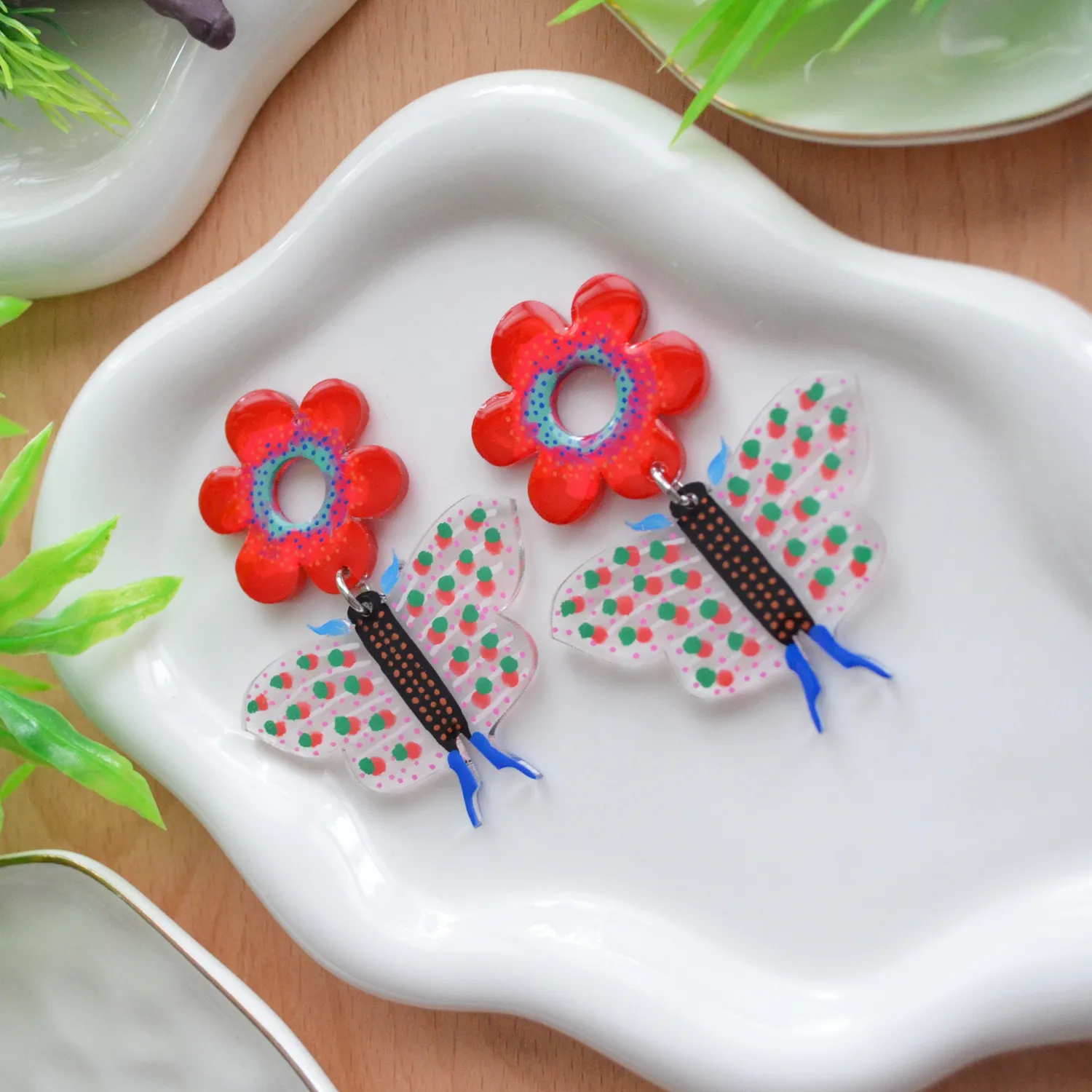BooandBooFactory Red Butterfly and Flower stud-øredobber