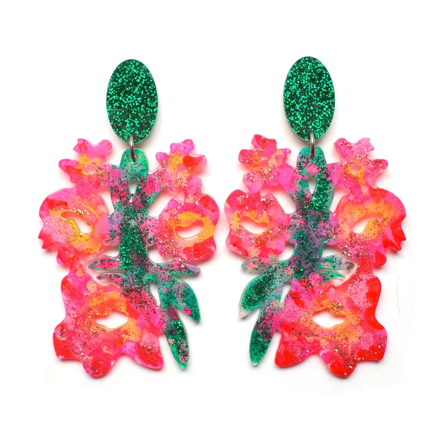 BooandBooFactory Pink Green Flower statement øredobber