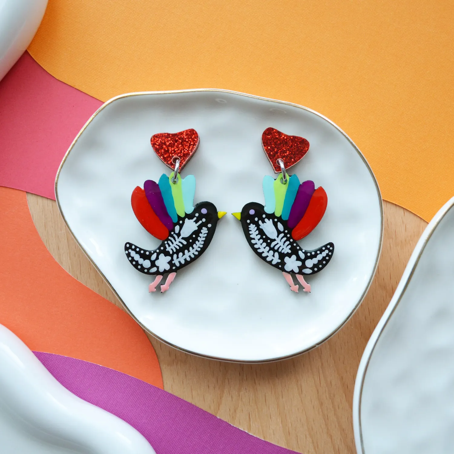 BooandBooFactory Floral Folk Flying Bird øredobber flerfarget