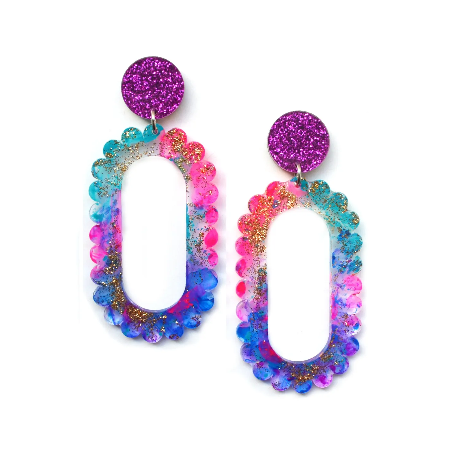 BooandBooFactory Pink Glitter Drop Scalloped Hoop øredobber