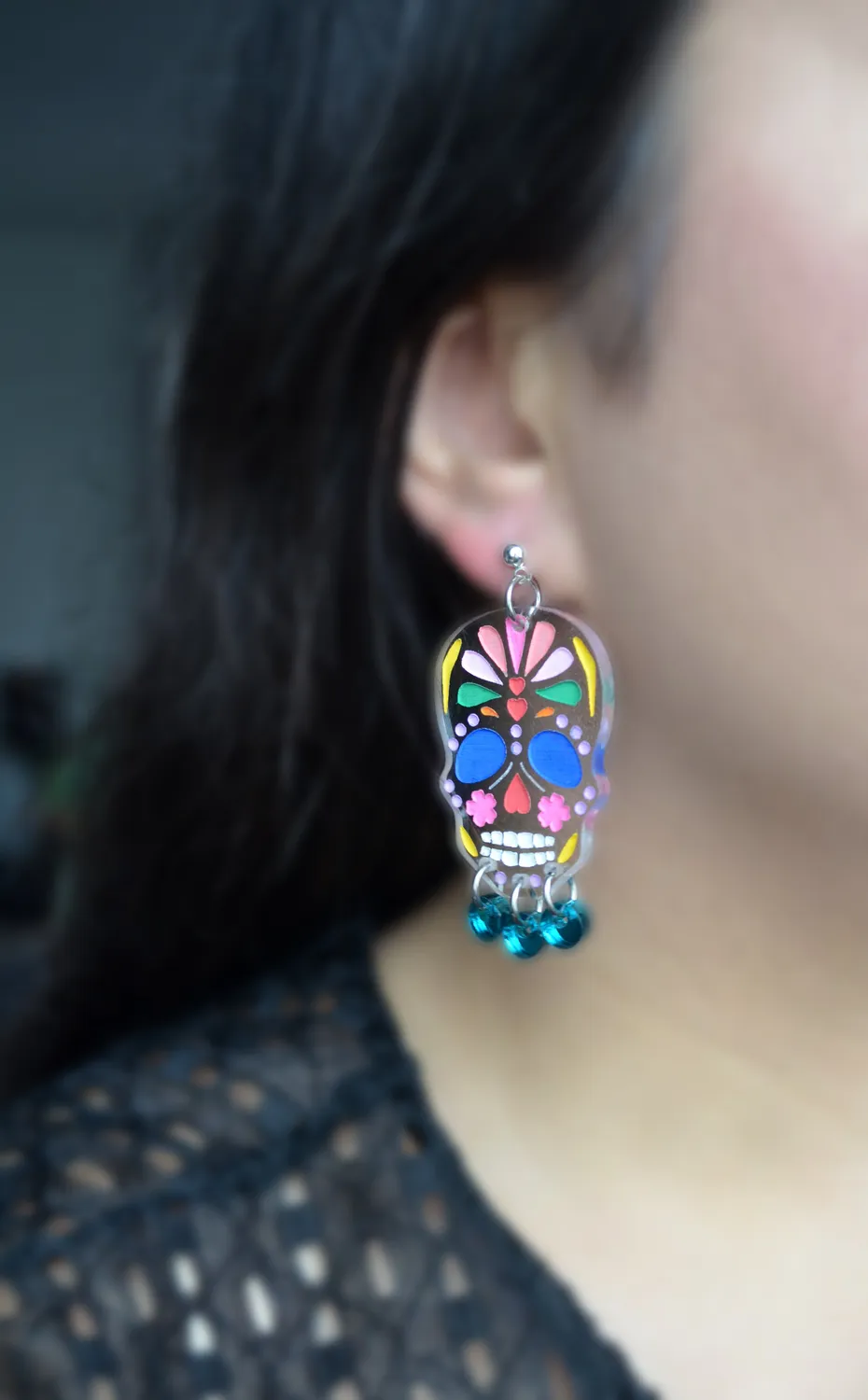 BooandBooFactory Sugar Skull Rainbow øredobber turkis