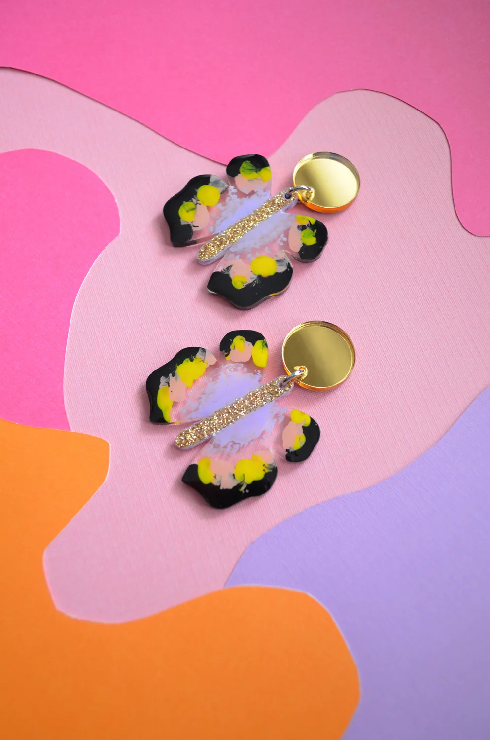 BooandBooFactory Butterfly øredobber gull lavendel glitter