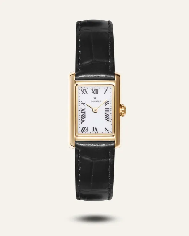 Mockberg Timeless Black Leather klokke gull 19x28 mm