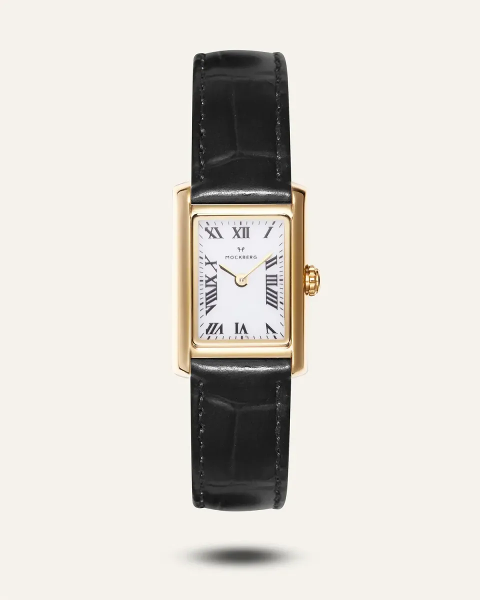 Mockberg Timeless Black Leather klokke gull 19x28 mm