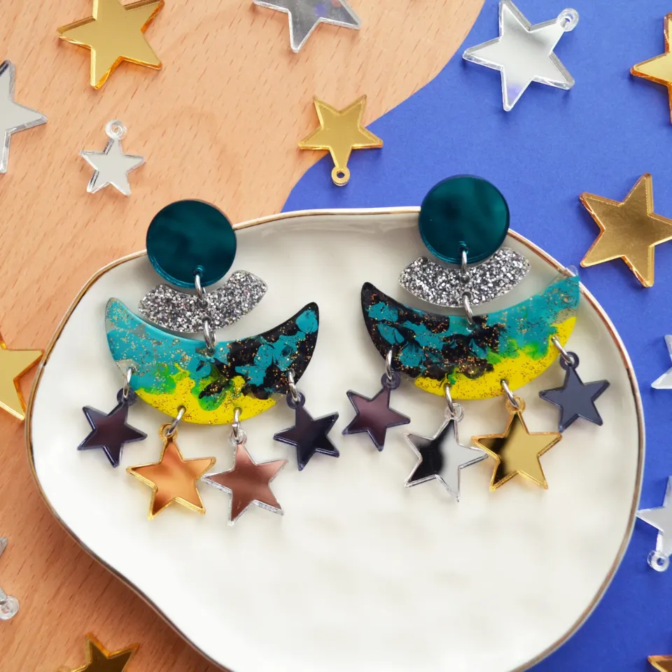 BooandBooFactory Turquoise Half Moon øredobber stjerner