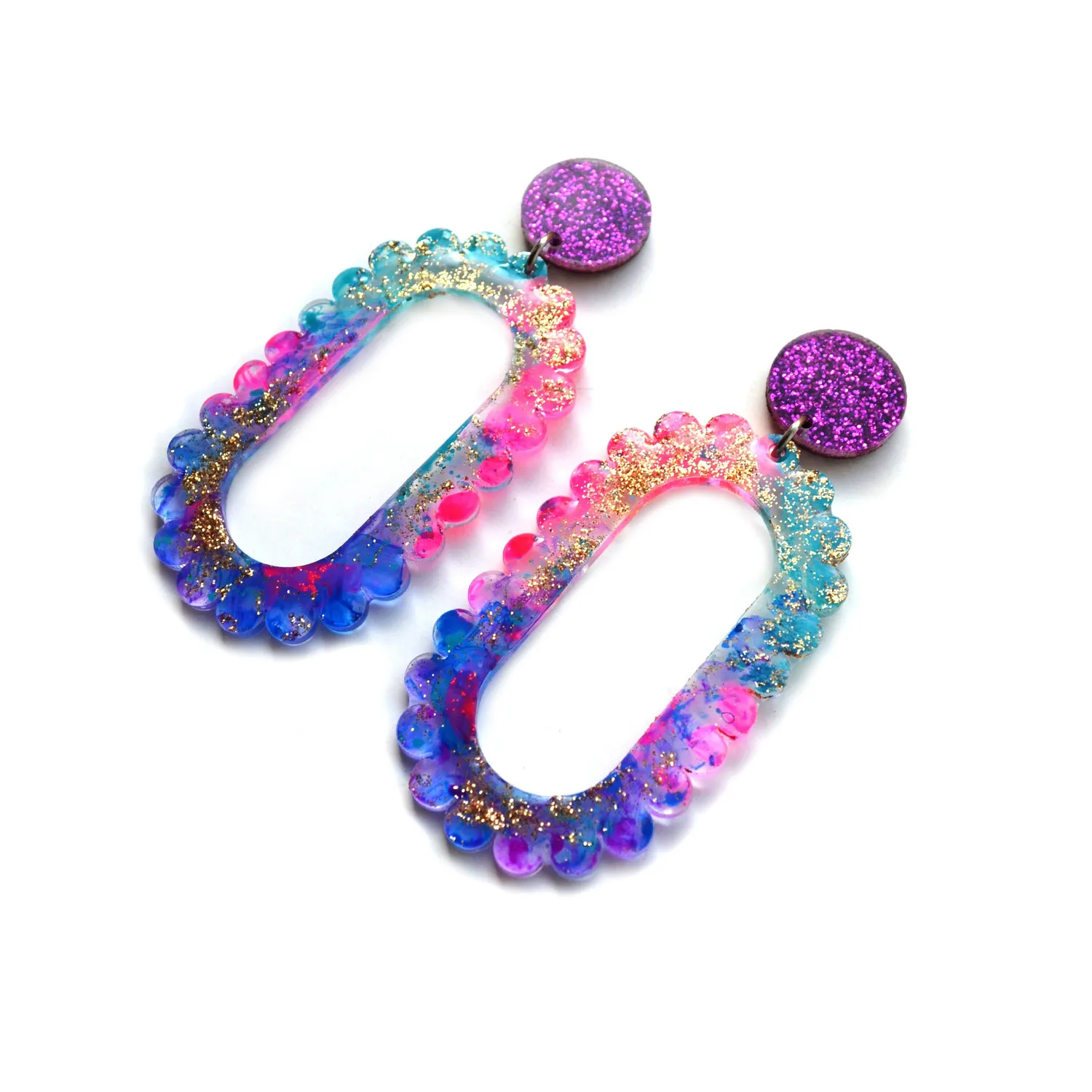 BooandBooFactory Pink Glitter Drop Scalloped Hoop øredobber