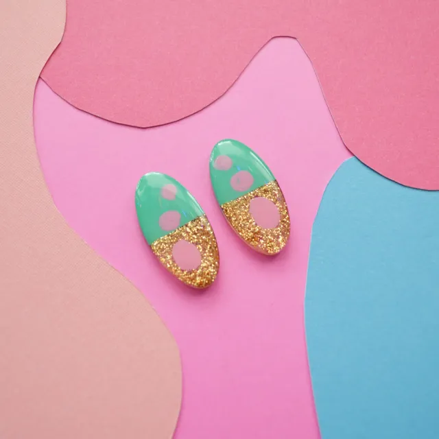 BooandBooFactory Mint and Pink with Gold Glitter Oval øredobber mint