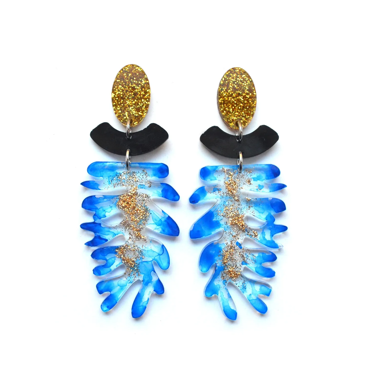 BooandBooFactory Blue Seaweed Leaf øredobber blå gullglitter